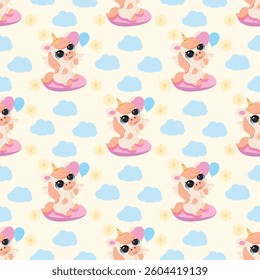 Seamless pattern with a cute summer pig relaxing on a pink inflatable ring, surrounded by fluffy clouds and sunshine. Perfect for kids' textiles, summer decor, wrapping paper, and cheerful prints
