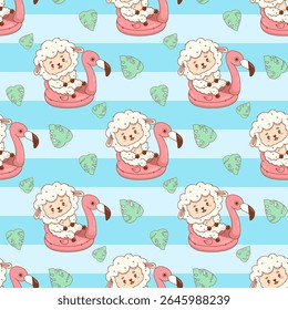 Seamless pattern with Cute summer Sheep on pink flamingo pool on striped blue background with tropical leaves. Cartoon Funny Beach kawaii Farm Animal character. Vector illustration. Kids collection