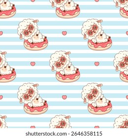 Padrão sem costura com Ovelha de verão bonito com óculos de sol flutua em rosquinha inflável no fundo azul listrado. Cartoon Funny kawaii Farm Animal personagem. Ilustração vetorial. Coleção Kids