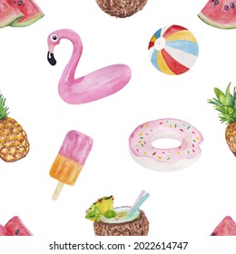 Patrón sin foco con objetos de vacaciones de verano lindos: alimentos, bebidas, frutas, flamencos y niñas. Colección de elementos acuáticos aislados. Ilustración del vector