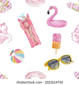 Seamless pattern with cute summer vacation objects: food, drinks, fruits, flamingos and girl . Collection of isolated watercolor elements. Vector illustration