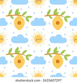 Seamless pattern with cute sun, blue clouds, raindrops, and beehive on branch. Flat hand drawn vector illustration
