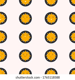 Seamless pattern with cute sun character. Flat vector illustration.