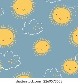 Seamless pattern cute sun and cloud in scandinavian style. cute vector illustration, very suitable for use for children's and baby designs and also printed on fabrics for clothes, t-shirts, blankets, 