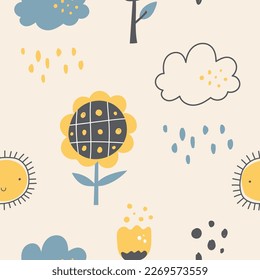 Seamless pattern cute sun, cloud and flower garden in scandinavian style. cute vector illustration, very suitable for use for children's and baby designs and also printed on fabrics