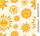 Seamless pattern with a cute sun. Different cute sunshine pattern. Summer positive children