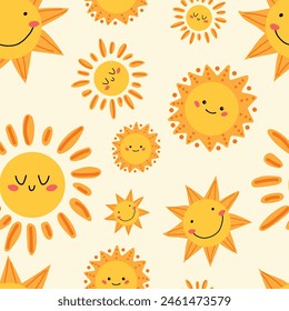 Nahtloses Muster mit einer niedlichen Sonne. Unterschiedliches niedliches Sonnenscheinmuster. Sommer positives Kindermuster. Print für Kindergewebe, Textil. 