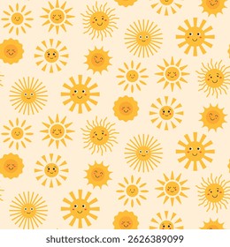 Seamless pattern with cute sun, doodle. Smiling sun, funny summer sunshine. Summer positive children's pattern. Print for kids fabric, textiles.