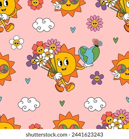 seamless pattern with cute sun, earth, flowers, clouds