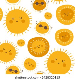 Seamless pattern with cute sun. Hand drawn yellow sunshine icons. Vector illustrations