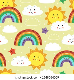 seamless pattern with cute sun, rainbow and cloud  - vector illustration, eps    
