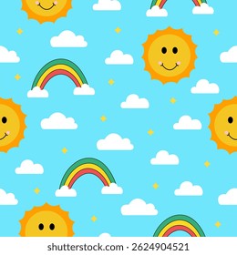Seamless Pattern with Cute Sun, Rainbow, and Clouds in Blue Sky. Bright seamless sky pattern with smiling sun, rainbow, clouds, and stars. Perfect for kids and baby designs.