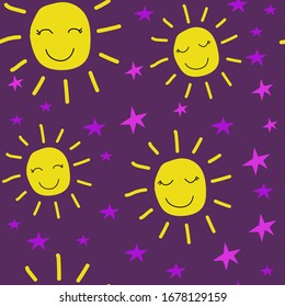 Seamless pattern with cute sun and stars. Children's background. Vector illustration on a purple background