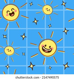 Seamless pattern with cute sun stickers on a blue background. Kawaii vector kid graphic.