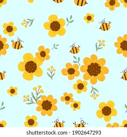 Seamless pattern with cute sunflower field and bee cartoons on blue background vector illustration.