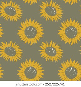 Seamless pattern with cute sunflower. Hand drawn natural autumn elements on dark background. Simple boho fall illustration. Linocut style wallpaper art.