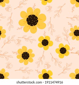 Seamless pattern with cute sunflower, leaves and bee cartoon on orange background vector illustration.