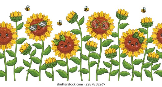 Nahtlose Muster von scharfen Sonnenblumen und Bienen auf weißem Hintergrund in flachem Vektorgrafik. Cute Cartoon Illustration für Banner, Hintergrund und Grußkarte