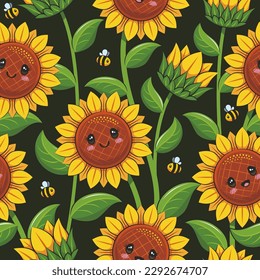 Seamless Pattern With Cute Sunflowers And Bee On Dark Background