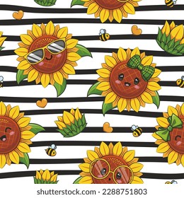 Seamless Pattern With Cute Sunflowers On Stripe Background. Cute Vector Illustration