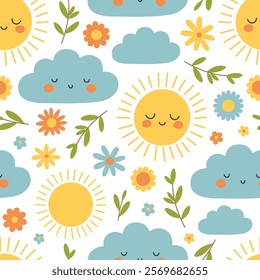 Seamless pattern with cute suns and clouds, branches and flowers on white background. Sunny weather. Spring or summer childish print. Vector flat illustration for wallpaper, textile, packaging