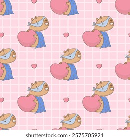 Seamless Pattern Cute Superhero Capybara in hero mask and raincoat with big Heart on checkered Pink Background. Vector illustration. Romantic valentine template