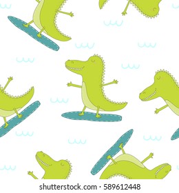 Seamless pattern with cute surf crocodile. vector print.