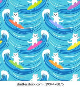 Seamless pattern with cute surfer cats on big turquoise blue waves background, vector illustration