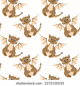 Seamless pattern with a cute surprised dragon on a white background in cartoon style. A little dinosaur. Vector illustration.