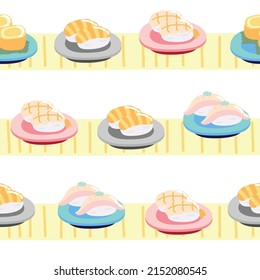 Seamless Pattern Of Cute Sushi Conveyor Belt Cartoon.Japanese Food.Salmon.White Background.Kawaii.Vector.Illustration.