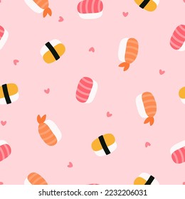 Seamless pattern with cute sushi rolls and pink hearts