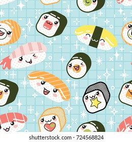 Seamless pattern with cute sushi and rolls 