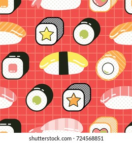 Seamless pattern with cute sushi and rolls