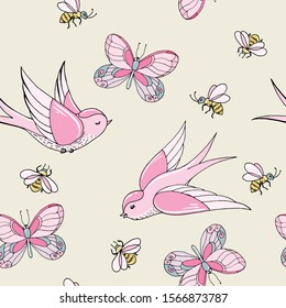 Seamless pattern with cute swallows, bees and butterflies in pink colors on a beige background.