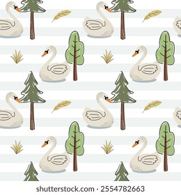 Seamless pattern with cute swan and trees. Wild birds. Childish background. Woodland wallpaper.