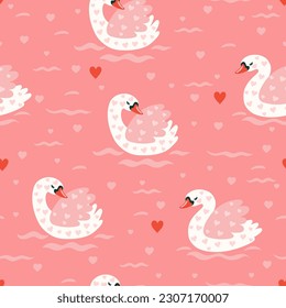 Patrón sin foco con cisnes lindos y corazones sobre un fondo rosado. Gráficos vectoriales.