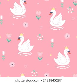 Seamless pattern with cute swans on a pink background. Vector graphics.