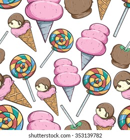 Seamless Pattern Of Cute Sweet Candy Apple Lollipop Ice Cream And Cotton Candy Also Colorful