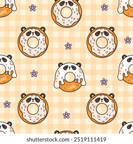 Patrón sin fisuras con el oso panda dulce lindo de la dona. Comida divertida del carácter de la historieta kawaii en el fondo a cuadros amarillo con las flores. Ilustración vectorial. Colección para niños