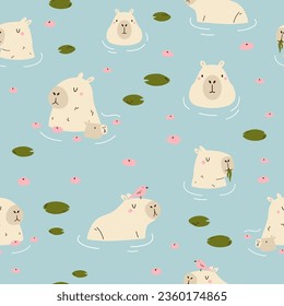 Seamless pattern with cute swimming capybaras. Colorful design for clothins, gift boxes, wrapping paper, wallpaper