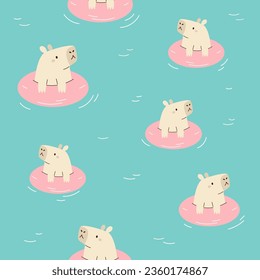 Seamless pattern with cute swimming capybaras. Colorful design for clothins, gift boxes, wrapping paper, wallpaper