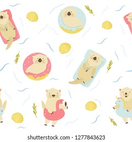 Seamless pattern with cute swimming otters on white background. For textile, prints, wrapping paper, invitation cards