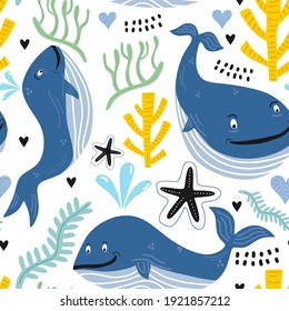 Nahtloses Muster mit süßen Schwimmwalen. Unterseetiere. Kreativer kalter Hintergrund. Ideal für Kinderbekleidung, Gewebe, Textilien, Kindergartendekoration, Wickelpapier.Vektorgrafik