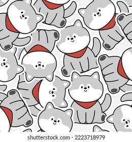 Seamless pattern of cute syberia sit dog background.Pet animal character cartoon design.Kid graphic design hand drawn.Kawaii.Vector.Illustration.