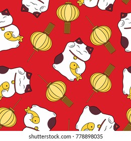 seamless pattern cute symbol luck maneki neko and festive lantern on a red background