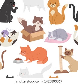 Seamless pattern with cute tabby kittens. Cartoon character childish kitty. Great for fabric, textile vector illustration of cats playing, brown cat in the box, sleeping and washing siamese cat.