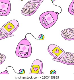 Seamless pattern with cute tamagotchi and flip phone in retrowave aesthetic. Vector nostalgic background in y2k, 00s, 90s concept