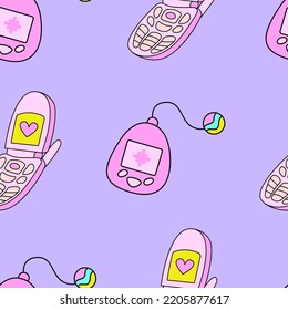 Seamless pattern with cute tamagotchi and flip phone in retrowave aesthetic. Vector nostalgic background in y2k, 00s, 90s concept