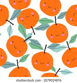 Patrón sin foco con mandarina linda. Ilustración infantil de un mandarín con una sonrisa. Para el diseño de la ropa de los niños, la decoración de las habitaciones para niños, carteles y postales, aplicando al papel