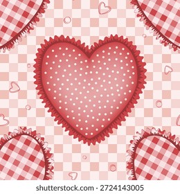 Patrón sin fisuras con lindos tattersall y corazones de lunares con lindos volantes. Fondo de corazón de artesanía textil